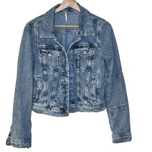 Free‎ People Distressed Wash Denim Trucker Jacket Blue Crop Style Size Small